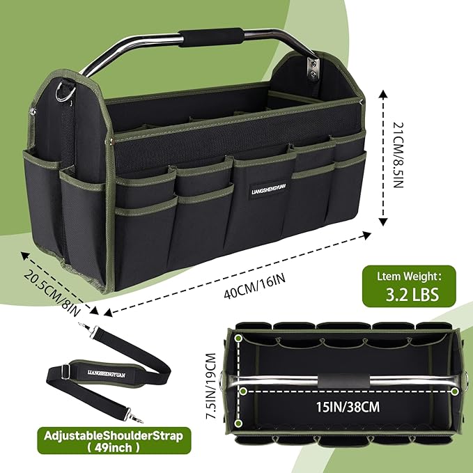 16 In Electrician Tool Bag, Foldable Bags For Men Heavy Duty, Open Top Tool Tote, 30 Pockets Can Hold Many fittings, Organizer Stainless Steel Handle and Removable Shoulder Strap