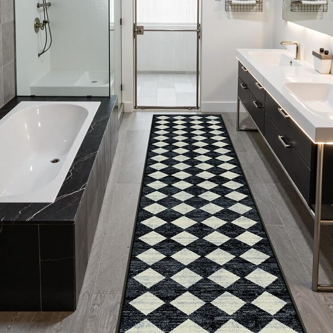 Lahome Zelie Checkered Washable 2x12 Runners for Hallways Non Slip, Black Kitchen Bathroom Runner Rugs, Modern Trellis Ultra-Thin Indoor Carpet Runner for Bedroom Dorm Classroom Decor (2'x12',Black)