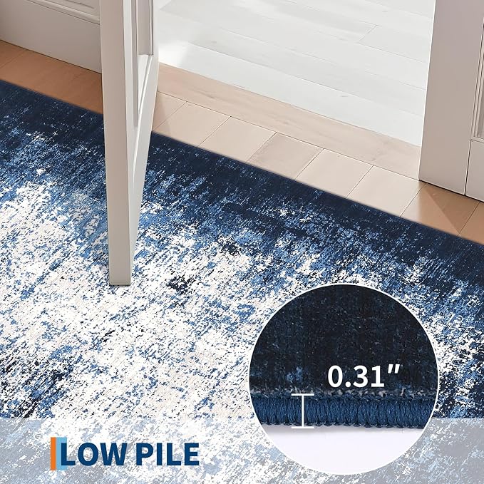 GarveeHome Entryway Rug 2.5x8 Washable Modern Abstract Small Blue | Non-Slip Backing, Stain-Resistant Low Pile Floor Cover, Colorful Indoor Mat, Bedroom, Kitchen, Laundry