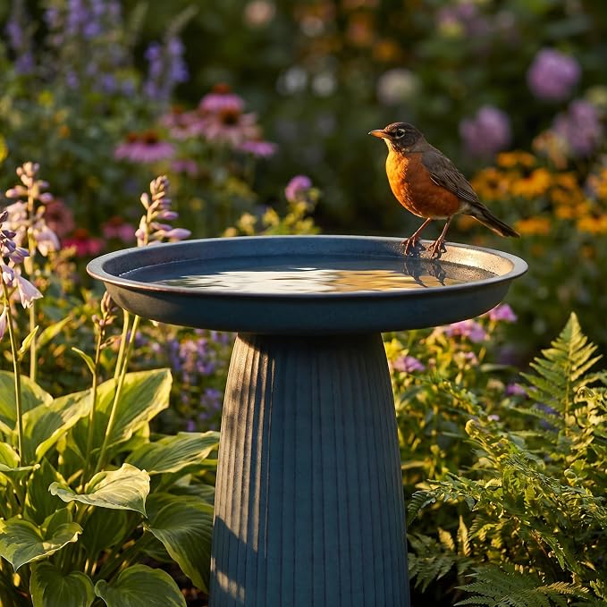 Sunnydaze Gleeful Garden 23" Iron Pedestal Bird Bath for Outside - Modern Shallow Basin Birdbath for Outdoors with UV-Protected Rust-Resistant Finish for Patio, Garden, Yard Decor - Matte Blue