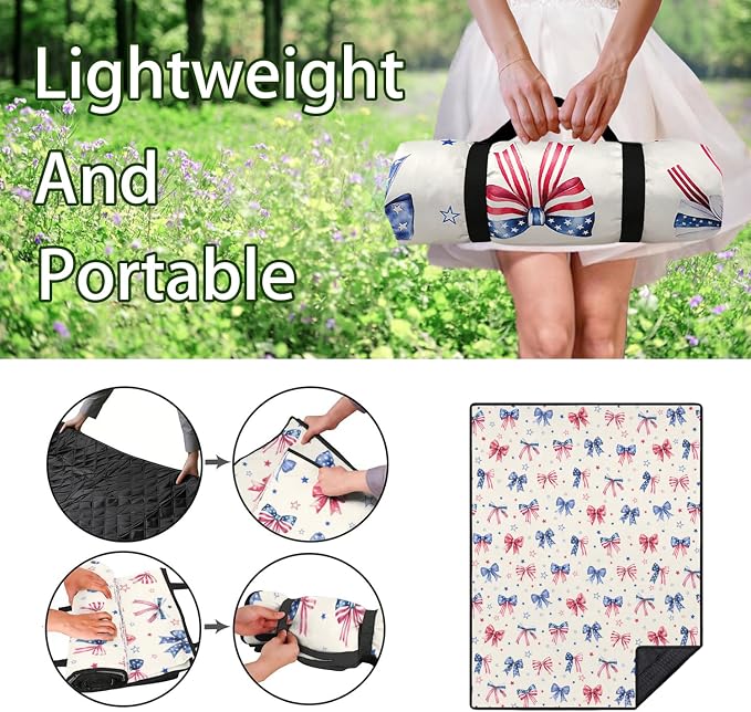 60’‘x80'' 4th of July Blankets Waterproof Foldable American Flag Portable Outdoor Picnic Mat Water Resistant for Grass Padded Lawn Park Blanket for Camping,Patriotic Military Gifts for Fathers Day