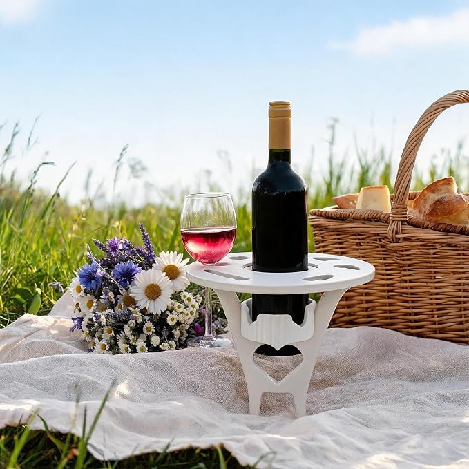 Foldable Wine Table Outdoor, Portable Mini Wooden Picnic Table Wine Glass Holder for Beach BBQ Camping Yard Lawn Party