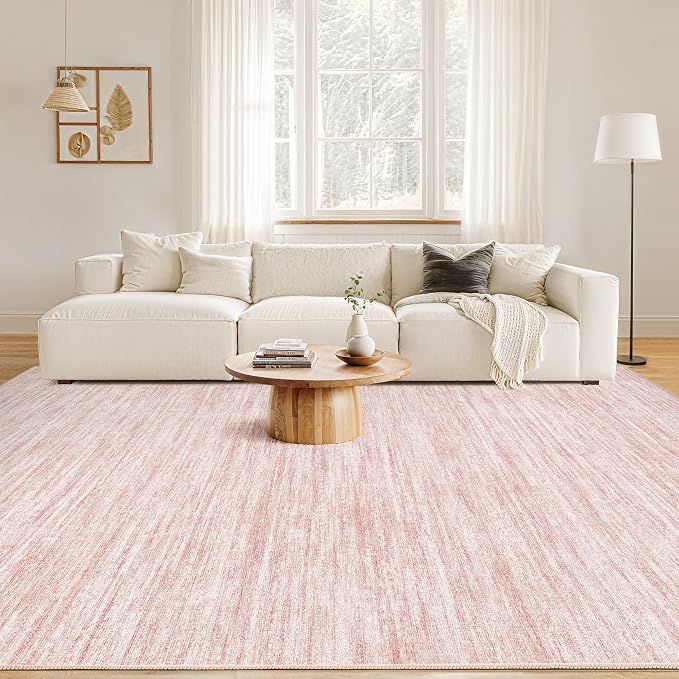 Nakagishi 9x12 Area Rugs Living Room: Washable Large Vintage Rug Neutral Non-Slip Soft Stain Resistant Indoor Carpet for Bedroom Nursery Dining Room Office Playroom - Pink-01