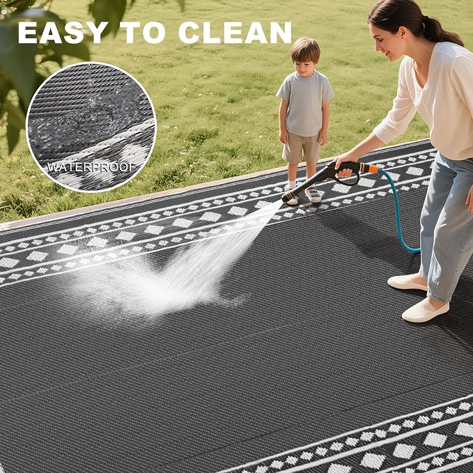 RURALITY Outdoor Rugs 5x8 Waterproof for Patios Clearance,Plastic Straw Mats for Backyard,Porch,Deck,Balcony,Grey and White