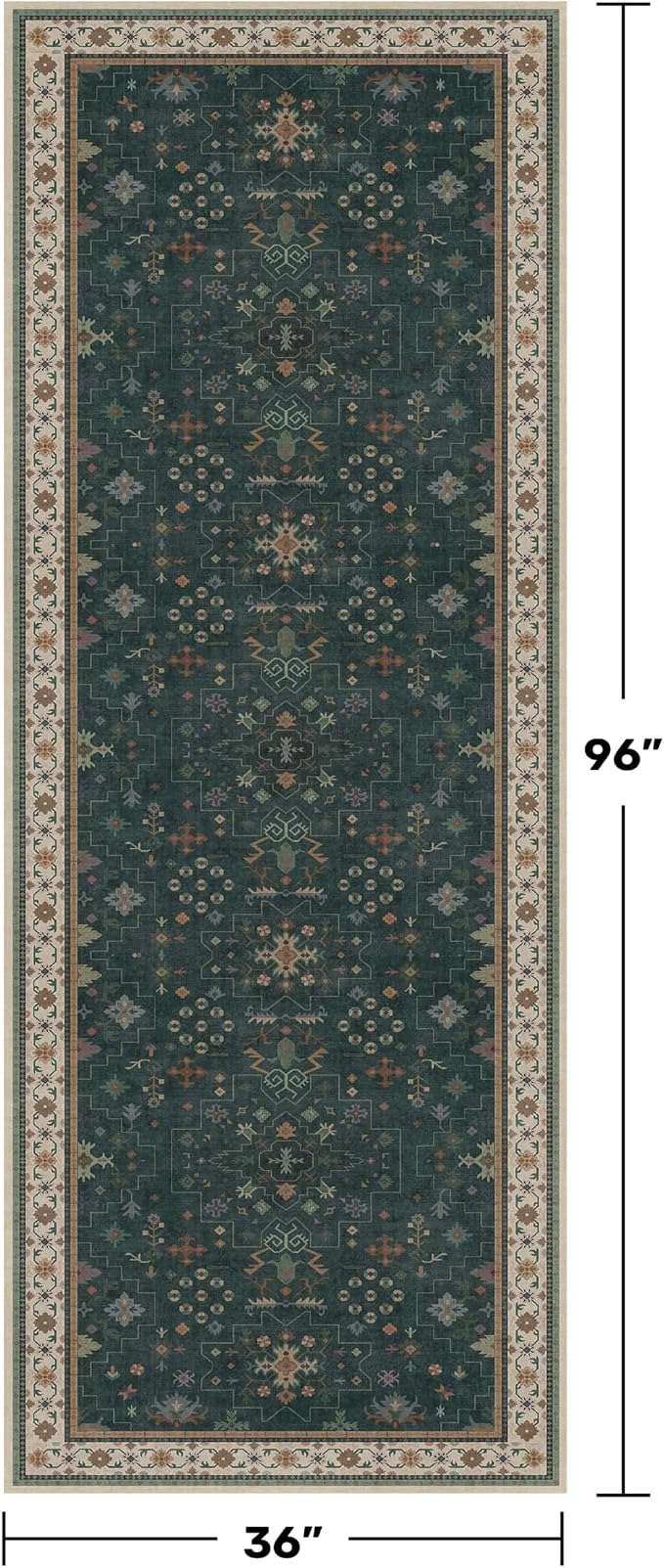 Dark Green 3x8 Wide Hallway Runner Rug - Modern Vintage Boho Floral Moody, Washable Low Pile Non-Slip Area Rugs for Large Entryway, Door Mat Indoor Entrance, Kitchen, Bedroom Beside Bed