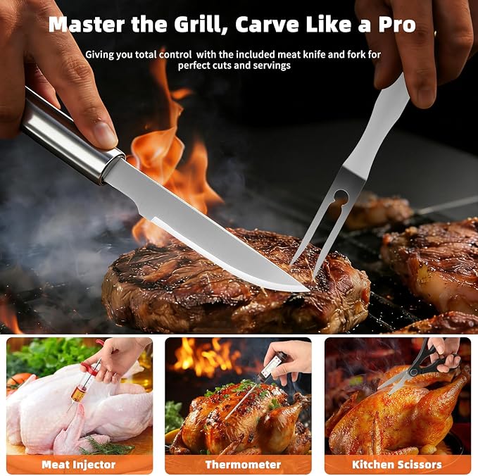 32PCS Grill Accessories Set Grilling Gifts for Men, 16 Inches Heavy Duty BBQ Accessories, Stainless Steel Grill Utensils Set with Thermometer, Grill Tools for Backyard Camping for Men Women - Sliver