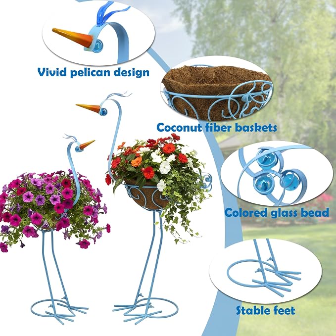 Pelican Metal Flowers Plant Holders Stand with Coconut Pots 2 Sets | Manortang Plants Stand Flower Pots Outdoor, Room Home Living Room Front Outdoor Patio Decor, Gardening Decoration Gifts