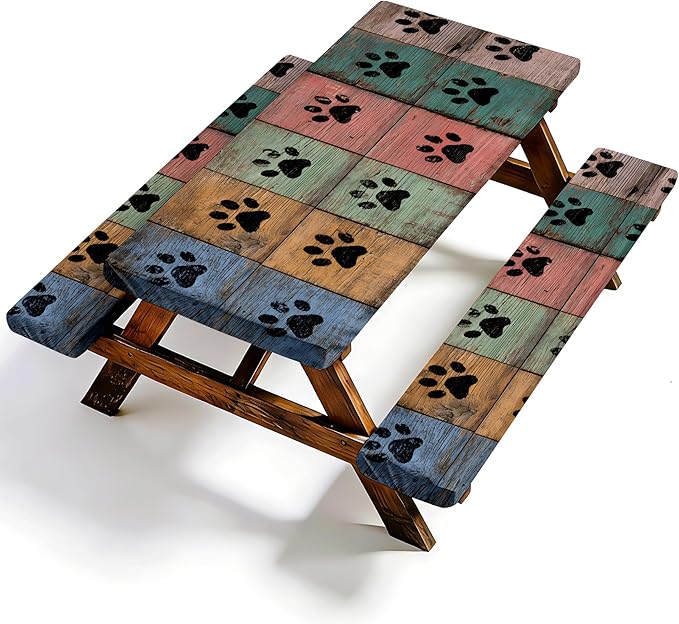 NYZE 3 Pieces Picnic Table Cover with Bench Covers Set, Camping Tablecloth, Tablecloth Cover with Drawstring Bag, Camping Essentials for Outdoor Picnics, Patio, BBQ (Paw Print Wood)