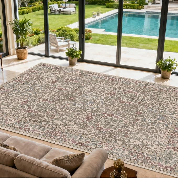 Vintage Moss Living Room Rug, 9x12 Washable Area Rugs for Dining Room Under Table, Soft Low Pile Large Carpet Bedroom, Non-Slip Boho Floral (9 x 12 Moss)