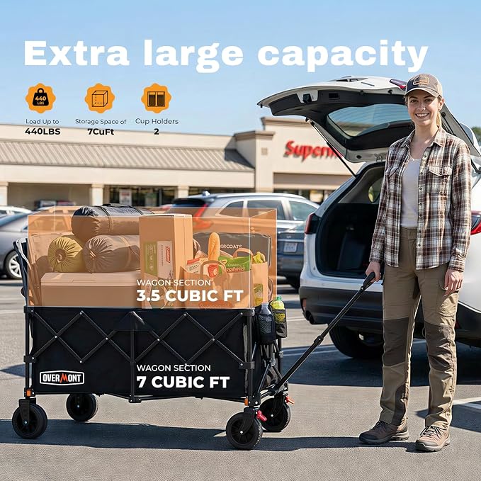 Overmont 46.6" L Extended Collapsible Wagon - 440LBS with All-Terrain Wheel | Foldable Beach Wagon with Cup Holders, Heavy Duty Folding Utility Cart, Portable for Camping Sports Grocery Garden Shopping