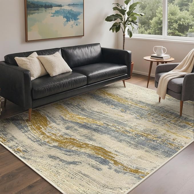 BEIMO 9x12 Washable Area Rug for Living Room, Wave Abstract Golden Beige | Soft Machine Washable Modern Rug,Streaks Pattern Non Slip Indoor Carpet for Dining Room Playroom Bedroom Office
