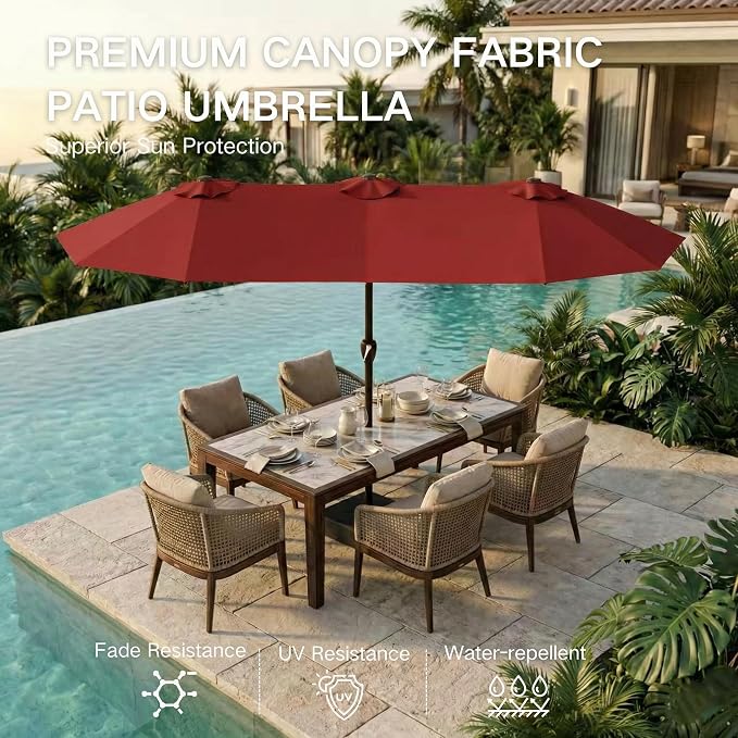 Kingdura 15ft Large Patio Umbrella with Base Included, Double-Sided Rectangle Outdoor Table Umbrella with 12 Reinforced Ribs, Crank Lift for Market Pool Deck Backyard, Red