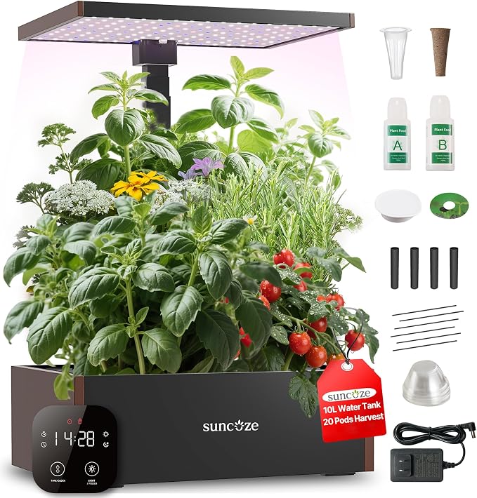 SUNCOZE Smart Hydroponics Growing System, 20 Pods, 25 in Adjustable Height | Indoor Herb Garden with 30W LED Grow Light, 10L Water Tank, Timer & Clock, Plants Germination Kit with Quiet Pump, Black