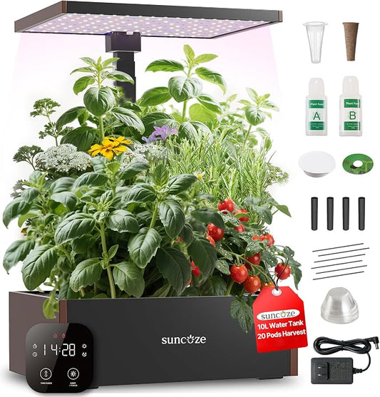 SUNCOZE Smart Hydroponics Growing System, 20 Pods, 25 in Adjustable Height | Indoor Herb Garden with 30W LED Grow Light, 10L Water Tank, Timer & Clock, Plants Germination Kit with Quiet Pump, Black