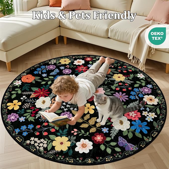 PLHXFR Round Area Rug Living Room: 6 ft Floral Washable Soft Carpet Black | For Bedroom Dining Room Farmhouse Nursery Hallway,Vintage Floral,Machine washable,Non Slip,Stain Resistant,Large Indoor