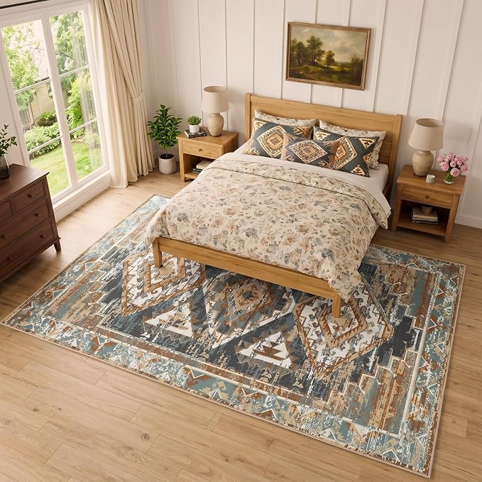 Washable 6x9 Area Rug for Bedroom, Rustic Farmhouse Low-Pile Non-Slip Carpet, Stain Resistant Vintage Southwestern Rug for Living Room Dining Room, Blue Rust Ivory