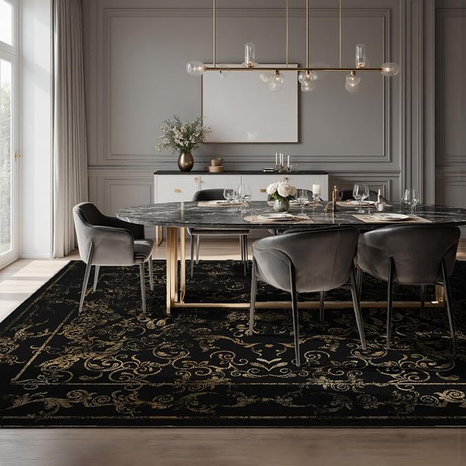 Nayoroom Black and Gold Baroque Area Rug, Machine Washable, 8 x 10 ft | Ornate filigree pattern; Symmetrical scroll border; Soft surface; Machine washable; Non-slip backing; Living room or bedroom