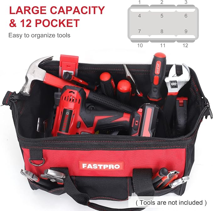 FASTPRO 14-Inch Zip-top Wide Mouth Open Storage Tool Bag, Classic Black&Red Design, Fashionable Design, 600D Polyester Fabric Material for Quality Endurance, With Adjustable Shoulder Strap