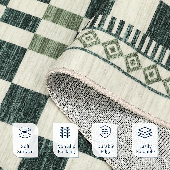GarveeHome 2x6 Runner Rug for Bathroom Modern Abstract Checkered Carpet | Contemporary Non-Slip Low Pile Throw Rugs Easy-Clean Sage Green Long Runners Premium Soft Area Rug for Kitchen Hallway