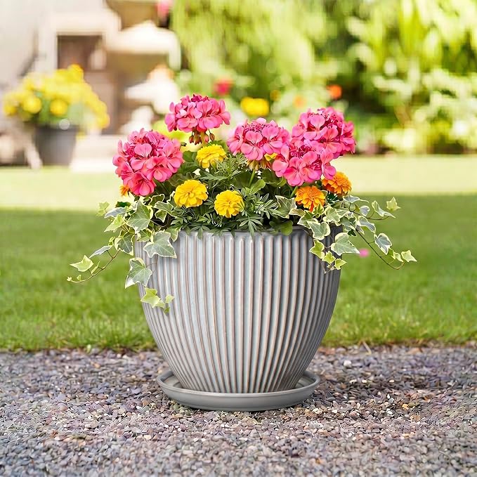 10 Inch Pots for Plants Indoor, Ceramic Planters with Drainage Hole and Saucer, Round Large Plant Pots for House Plants, Decorative Flower Planter, Porch Decor, Plant Lover Gifts, Grey