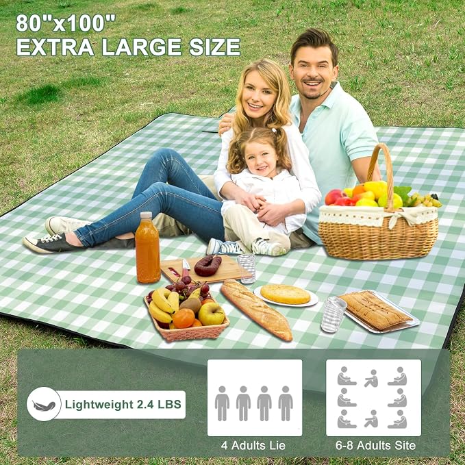 ZUBOND Extra Large Picnic Blanket Outdoor Picnic Mat Waterproof Foldable 80''x100'', Beach Blanket Sandproof for LawnPark, Grass, Travel, Hiking, Camping Essentials, Vintage Gingham Picnic Blanket