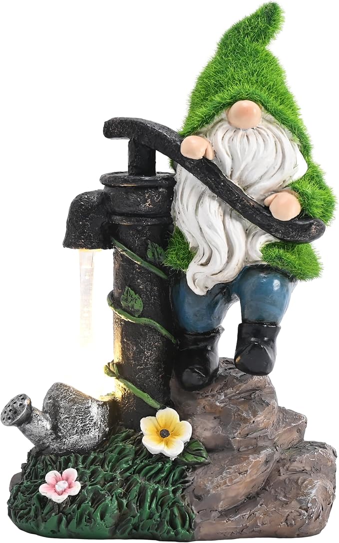 TERESA'S COLLECTIONS Garden Decor, Garden Gnomes Pumping Water,Gnomes Decor, Waterproof Resin with Solar Lights, Garden Decor, Garden Gifts for Mom,Indoor/Outdoor,9"