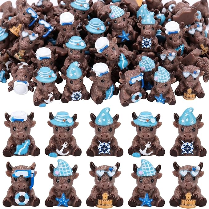 Yaomiao 60 Pcs Mini Resin Coastal Highland Cow Figurines Summer Ocean Highland Cow Statues Beach Coastal Farmhouse Decor Sea Cows Figure Table Decor for Holiday Festive Home Kitchen Tiered Tray