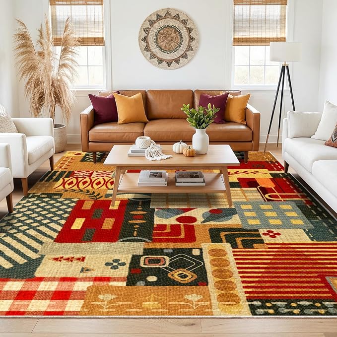 6x9 Abstract Tribal Patchwork Area Rug, Boho Colorful Rugs for Living Room | Modern Memphis-Inspired Throw Carpet| Washable Multi Color Non-Slip Low Pile Rug for Dining Room Office Bedroom Dining Room