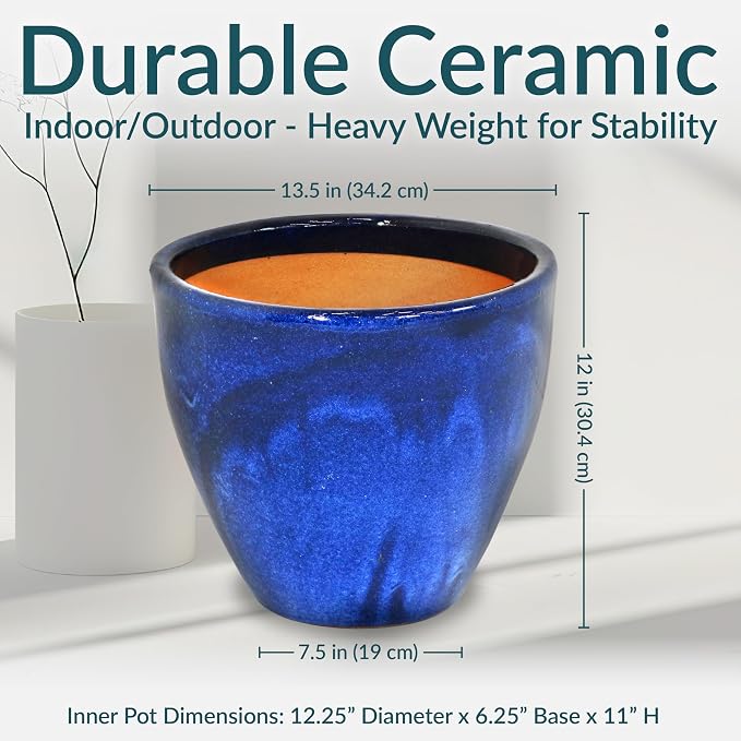 Sunnydaze Large Ceramic Plant Pot - Round Outdoor Glazed Ceramic Planter Pot with Drainage - Resort - Imperial Blue - 13.5"