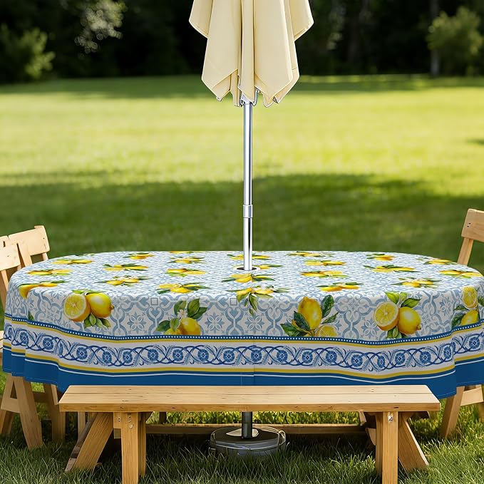Lemon Outdoor Oval Tablecloth with Umbrella Hole 60" x 120" Waterproof Zipper Table Cloth for Patio Table - Ideal Tablecloths for Picnics, Camping, and Yard Use