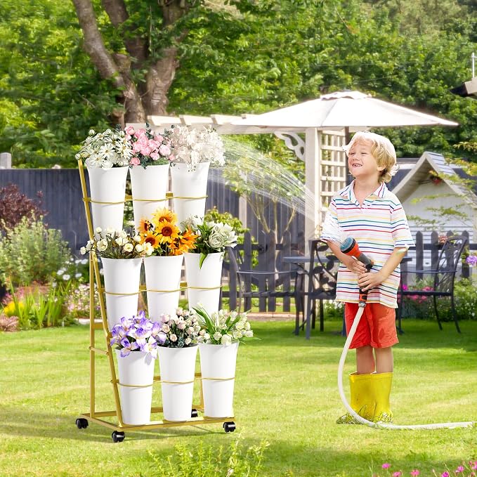 Invech Flower Display Stand with 9 Buckets, 3 Tier Flower Cart Display Stand and Wheels for Indoor Outdoor Garden, Wedding, Flower Shop (Gold)
