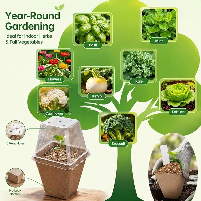 50-Set Seed Starter Kit (150 PCS Total), 3" Square Biodegradable Peat Pots with 50 Humidity Domes & 50 Labels, Nursery Pots for Fall Garden & Indoor Herb Seedlings Germination