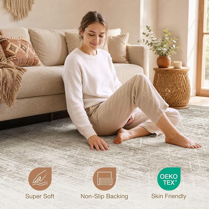 cotiled Boho 9x12 Area Rug for Living Room: Large Moroccan Washable Rug | Solve Modern Neutral Trendy Home Decor - Stain Resistan Carpet for Bedroom Farmhouse Dining Room Beige Brown