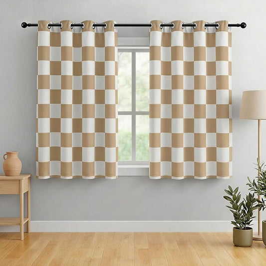 100% Blackout Checkered Curtains – 2 Panels, Each W52×L63, Thermal Insulated, Nosie Reducing for Bedroom, Modern Beige and White Checkerboard Design