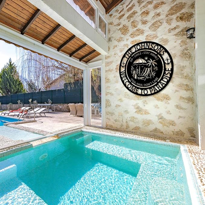 Personalized Pool Signs for Outside,Custom large size Metal Name Sign Outdoor Wall Art Patio Backyard Oasis Pool Decor,Outdoor Pool Tropical Coastal Decor Bar Hot Tub Bar, Poolside Paradise Sign (Style 2)