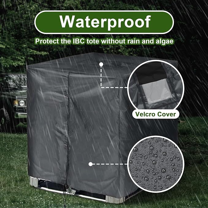 IBC Tote Cover, GDCCPRO 600D Heavy Duty Waterproof Cover for 1000L IBC Container Rain Water Tank Outdoor 275 Gallon Rain Barrel Foil Anti-Dust Sun Protection Anti-UV (600D Black)