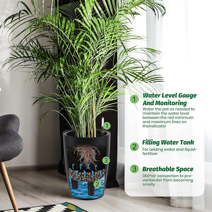 16" Tall Planter Set of 2, Self Watering Pots, Large Planter for Indoor Outdoor Plants, Built-in Drainage and a Water Level Monitor, Tall Planters for Patio, Porch, Living Room, Home Office, Black