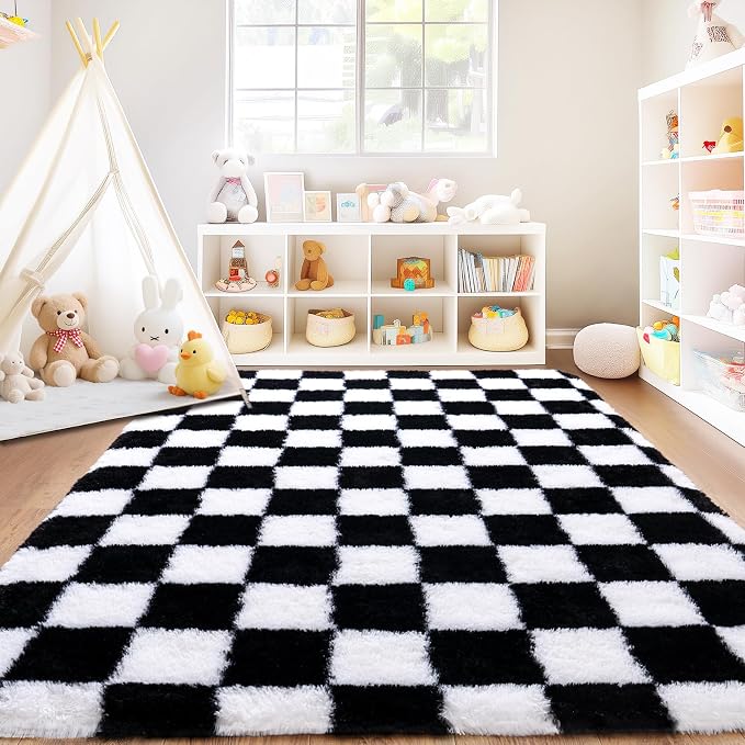 Checkered Rug 9x12 for Living Room, Ultra Fluffy Fuzzy Shag Black and White Large Area Rug for Bedroom, Modern Plush Soft Upgrade Non-Slip Carpet for Kids Girls and Boys Room Dorm Home Decor