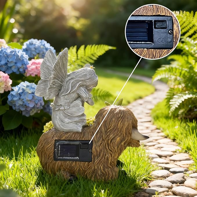 Angel Garden Decor Statue Solar Angel Sitting on Highland Cow Succulent Butterfly Bee LED Lights Outdoor Decorations for Yard Patio Housewarming Gift for Mom Women