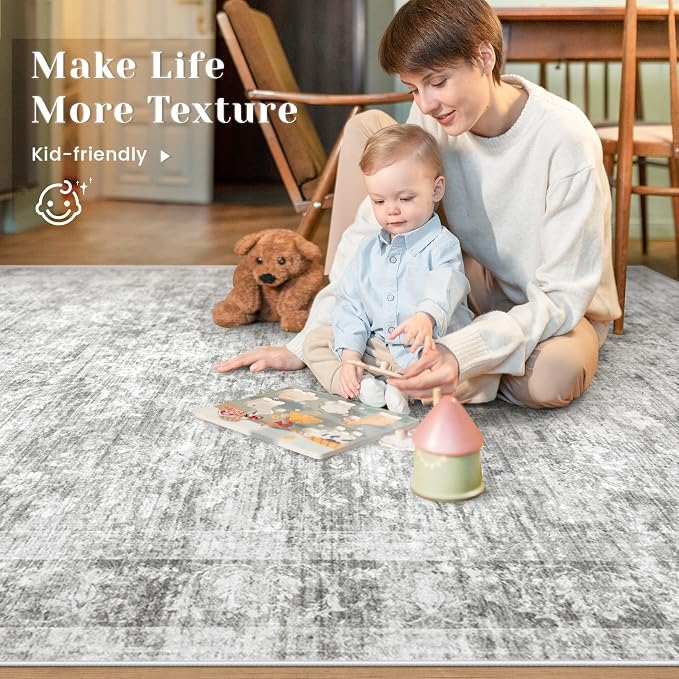 5x7 Area Rugs for Living Room: Washable Vintage Floral Rug Low Pile Non-Slip Boho Carpet for Bedroom Nursery Dining Room (Grey, 5'x7')