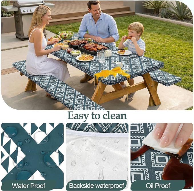 Play Tailor Picnic Table Cover with Bench Covers Camping Essentials Waterproof Windproof Camping Tablecloth with Drawstring Bag, Fitted Rectangle Tables and Seats, 72in, Blue Green Plaid