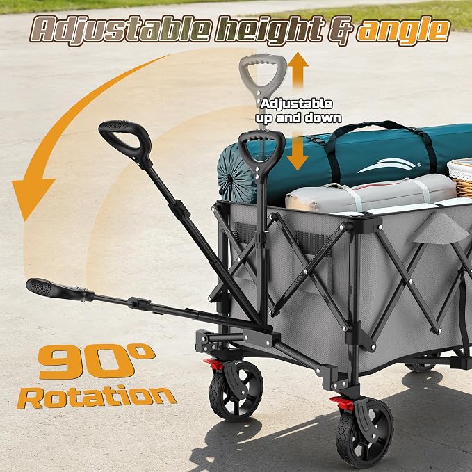 Wagons Carts Foldable,Collapsible Wagon with Wheels,450LBS Heavy Duty Beach Wagon Cart,Lightweight Portable Folding Utility Wagon Cart with Cup Holders for Camping, Garden, Sports, Grocery pcs (Gray)