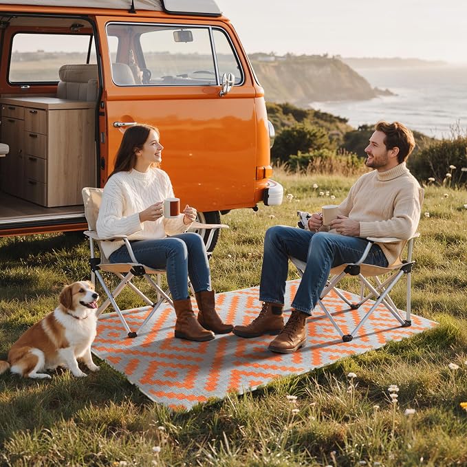 GENIMO Outdoor Rug for Patio Clearance, 3'x5' Indoor Area Rug, Waterproof Reversible Fall Doormat, Outside Camping Carpet for Porch, Living Room, Balcony, Deck, Bedroom, Picnic, Grey Orange