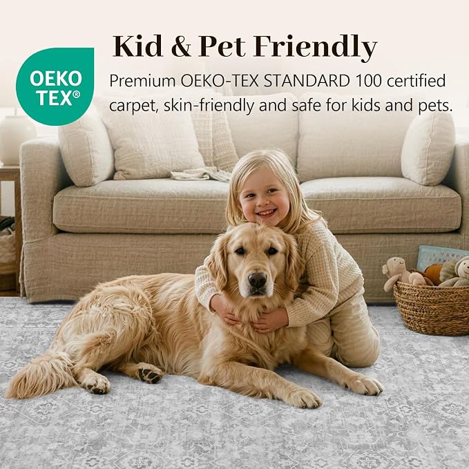 6x9 Ft Large Area Rugs for Living Room, Soft Non-Slip Machine Washable Rug, Vintage Stain Resistant Carpets for Bedroom Nursery Dining Room Home Decor (Grey)