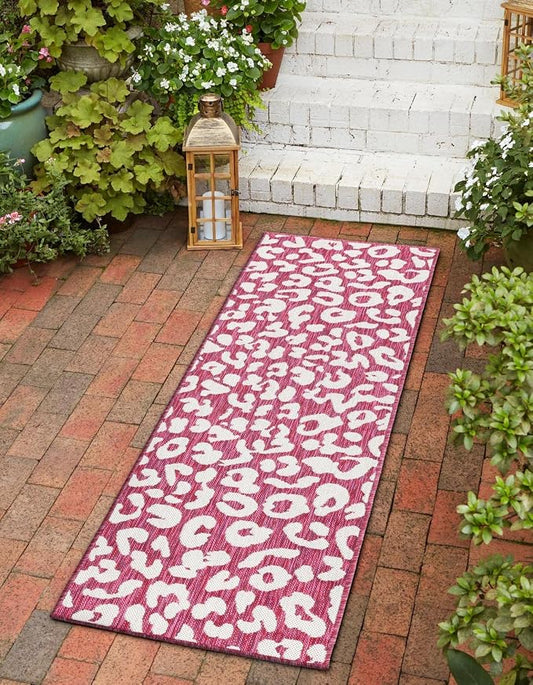 Unique Loom Outdoor Safari Collection Area Rug - Leopard (2' x 6' 1" Runner, Magenta/ Ivory)