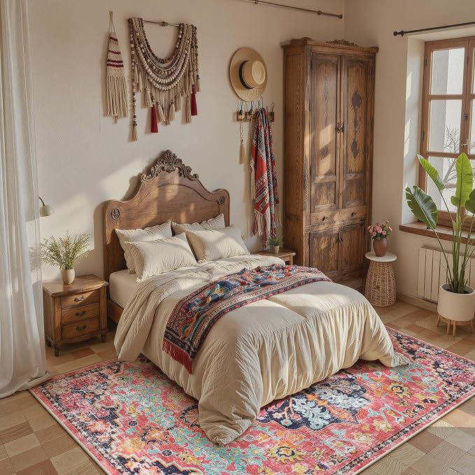 Lahome Reine 5x7 Boho Living Room Rug Colorful Bedroom Rug, Large Bohemian Nursery Rugs, Hot Pink Non-Slip Machine Washable Soft Playroom Mat Indoor Floor Accent Carpet for Dining Table Mud Room