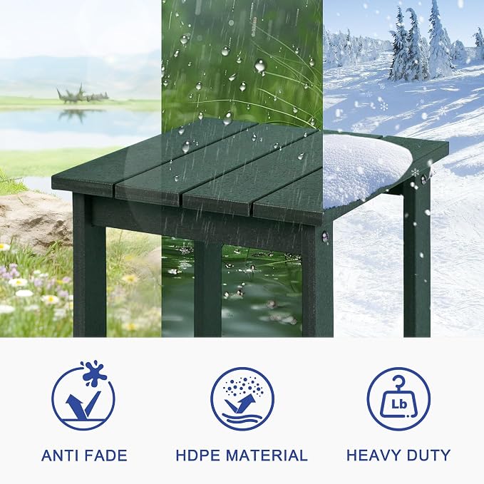 LZRS Patio Side Table, Heavy Duty HDPE Outdoor End Table with Wood Texture, Weatherproof Composite Table for Adirondack Chairs, Deck, Pool, Indoor/Outdoor, No Peeling or Cracking(Dark Green)