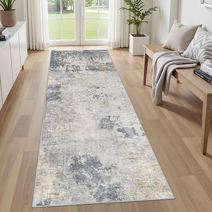 UERMEI 3x8 Washable Runner Rug for Hallway, Non Slip Low Pile Kitchen Carpet, Neutral Modern Abstract Indoor Floor Mat for Entryway Laundry, Kid & Pet Safe High Traffic Area, Blue Grey