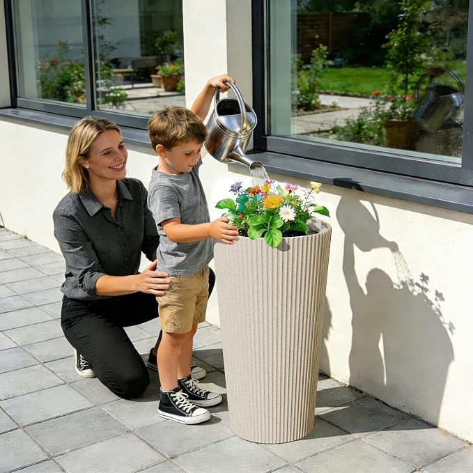 23.6" H Tall Planters for Outdoor Plants Set of 2 - Fluted Large Outdoor Planters for Front Porch Decor with Drainage Hole, Plastic Round Flower Pots Fits Indoor Plants Patio/Garden, Beige