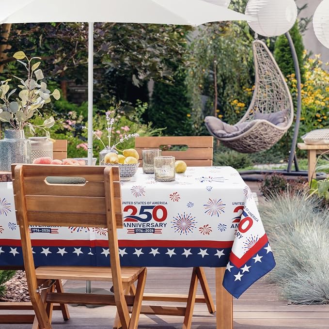 Outdoor Tablecloth with Umbrella Hole 4th of July Decorations Patriotic Decor Waterproof Polyester Rectangle for Picnic, BBQ, Party 60 x 120 in